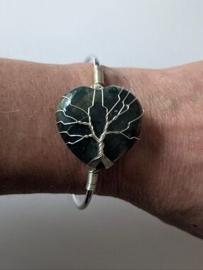 Handcrafted Moss Agate Tree of Life Heart Cuff Bracelet
